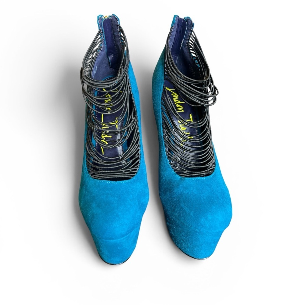 London Trash Ceres Blue Suede Platform Pumps Strappy Stiletto Heels Size 7.5 New - Picture 2 of 5